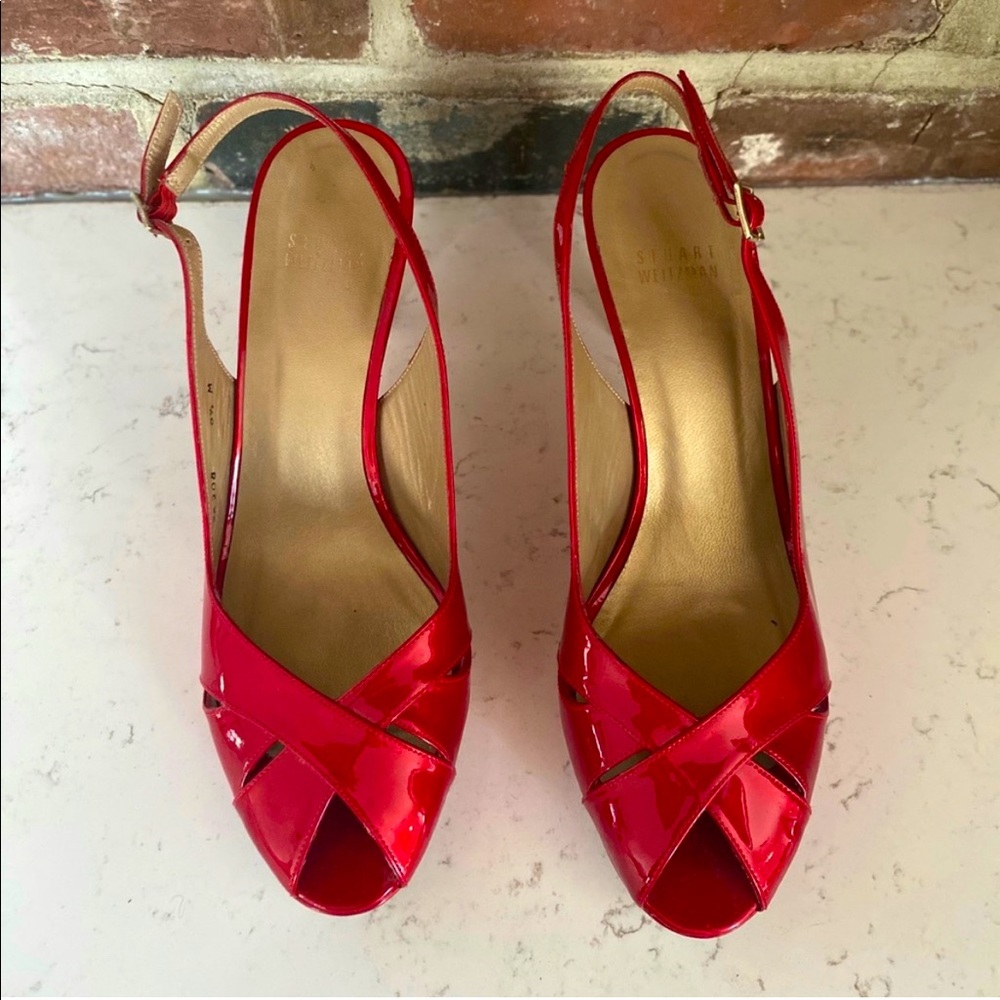 Vintage Stuart wietzman red patent peep toe heels